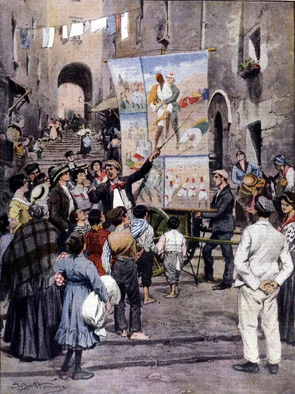 The Poesy of War: katutaiteilijat laulavat Napolin kaduilla uusimpia Libyan sodan inspiroimia suosittuja kappaleita. Ill. de Beltrame. La Domenica del Corriere. 1912 tekijältä Achille Beltrame