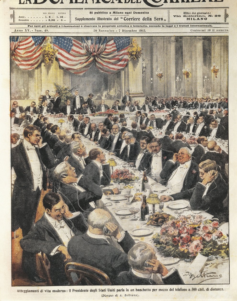 Yhdysvaltain presidentti puhuu puhelimitse 500 kilometrin etäisyydellä. Achille Beltramen kuvitus italialaiselle sanomalehdelle "La Domenica del Corriere", 20. marraskuuta tekijältä Achille Beltrame