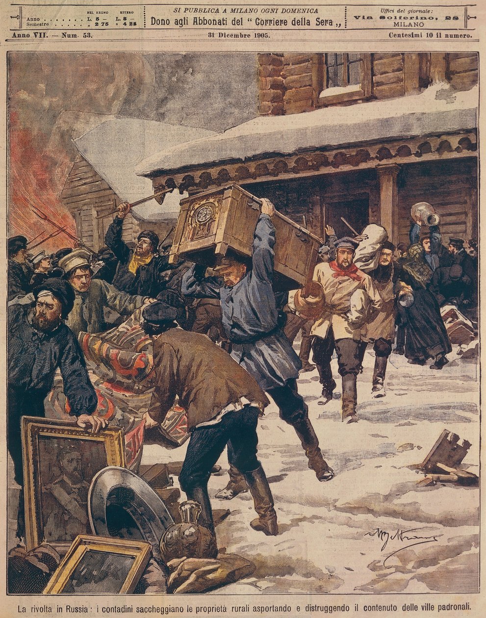 Venäjän vallankumous: Talonpojat ryöstivät maaseudun rikkaiden omaisuutta, kirjoittanut Achille Beltrame (1871-1945), La Domenica del Corriere, joulukuu 1905 tekijältä Achille Beltrame