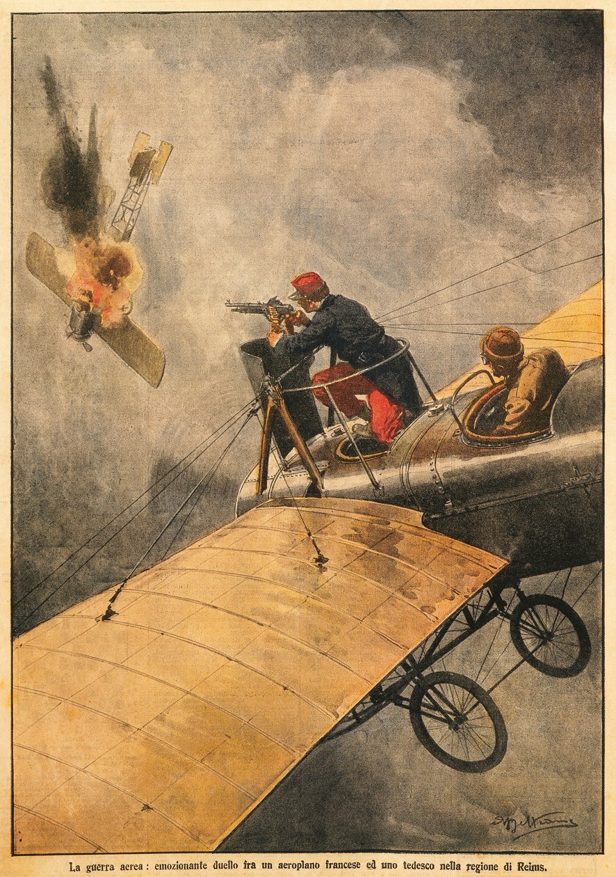 Ilmasota: Ranskan ja Saksan kaksintaistelu taivaalla Reimsin yllä, kirjoittanut Achille Beltrame (1871-1945), La Domenica del Corriere, 25. lokakuuta 1914 tekijältä Achille Beltrame