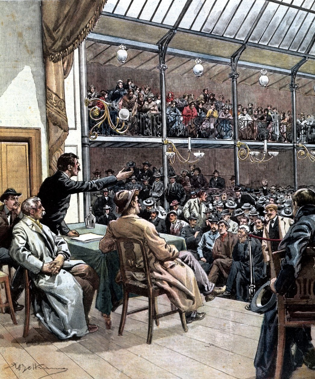 Ensimmäisten ammattiliittojen ilmestyminen Milanoon vuonna 1901. Ill. de Beltrame. La Domenica del Corriere 