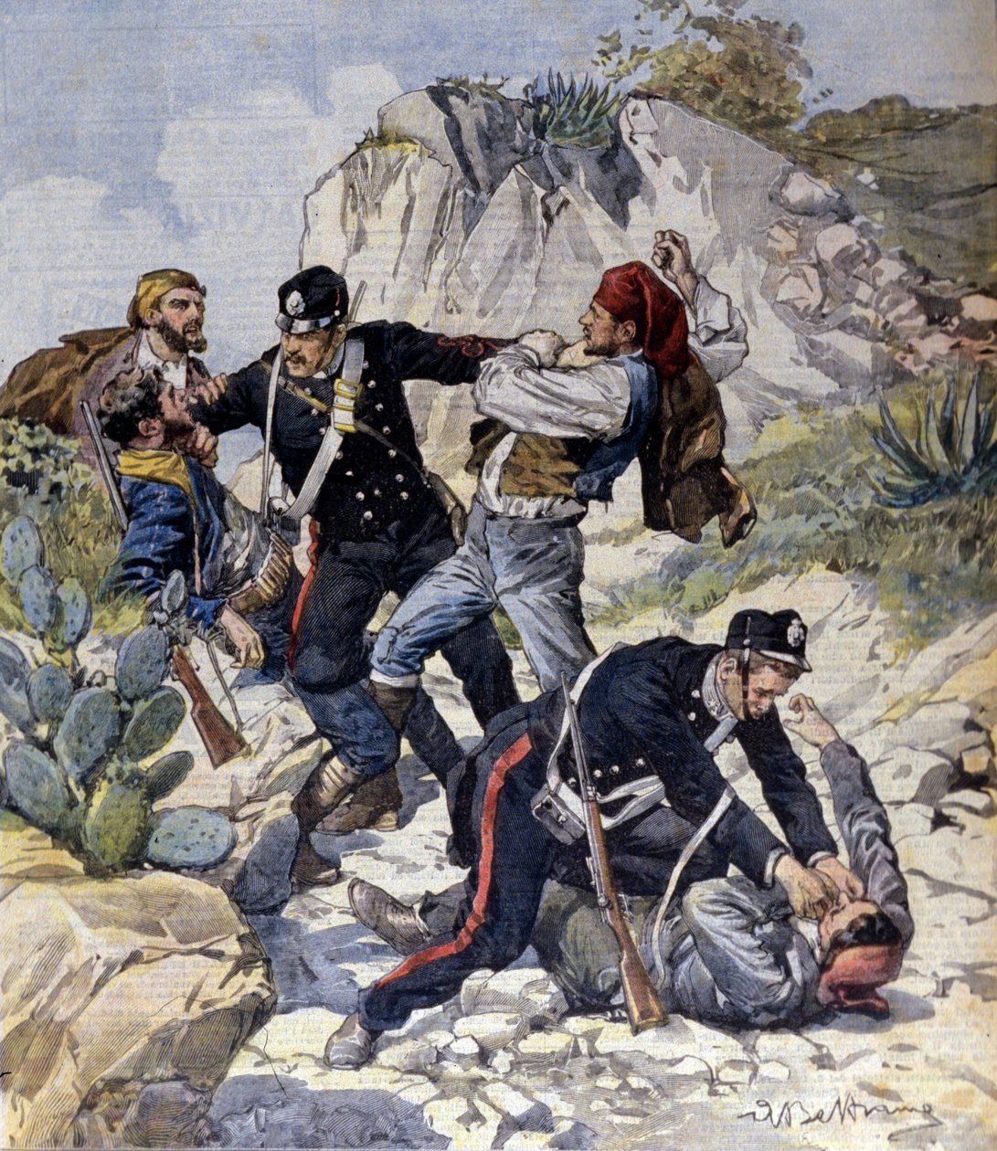 Kolmen vaarallisen ryöstön pidätys Trapanin lähellä Sisiliassa. Beltramen kuvitus. La Domenica del Corriere. 23/02/1902. tekijältä Achille Beltrame