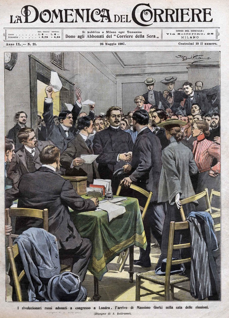 Maxim Gorkin saapuminen Lontoon kongressin kokoushuoneeseen vuoden 1905 vallankumouksen jälkeen Venäjällä. La Domenica del Corrieren kansikuva 26.5.1907. tekijältä Achille Beltrame