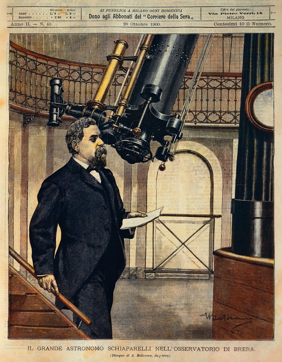 Tähtitieteilijä Schiaparelli (1835-1910) Breran observatoriossa, kuvitus Achille Beltrame (1871-1945), La Domenica del Corrieresta, 28. lokakuuta tekijältä Achille Beltrame