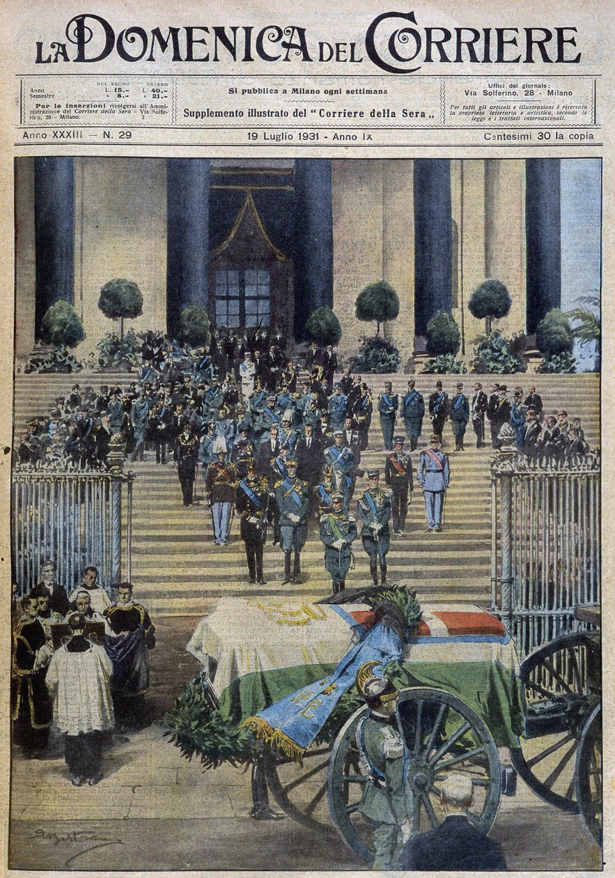 Aostan herttuan kuolevaisten jäänteiden siunaus Torinossa, sen jälkeen, kun hautajaiset kulkivat koko kaupungin halki - dess. de A. Beltrame teoksessa "" la Domenica del Corriere"" 19.7.1931 tekijältä Achille Beltrame