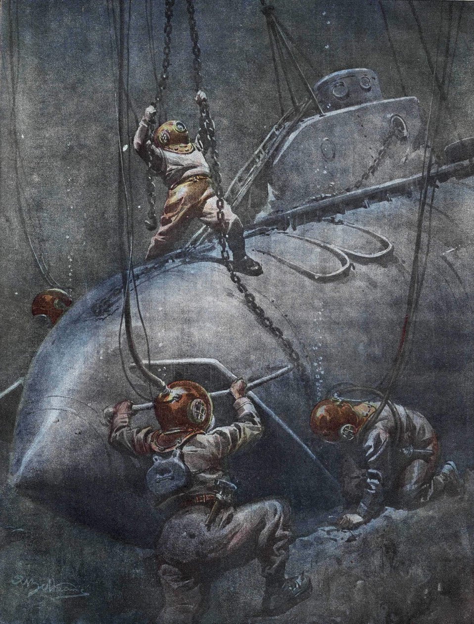 Ranskalaisen "Pluviosen" sukellusveneen katastrofi vuonna 1910. Scaphandlers yrittää korjata ketjuja vetääkseen sen ylös. Kuvitus: Achille Beltrame. tekijältä Achille Beltrame