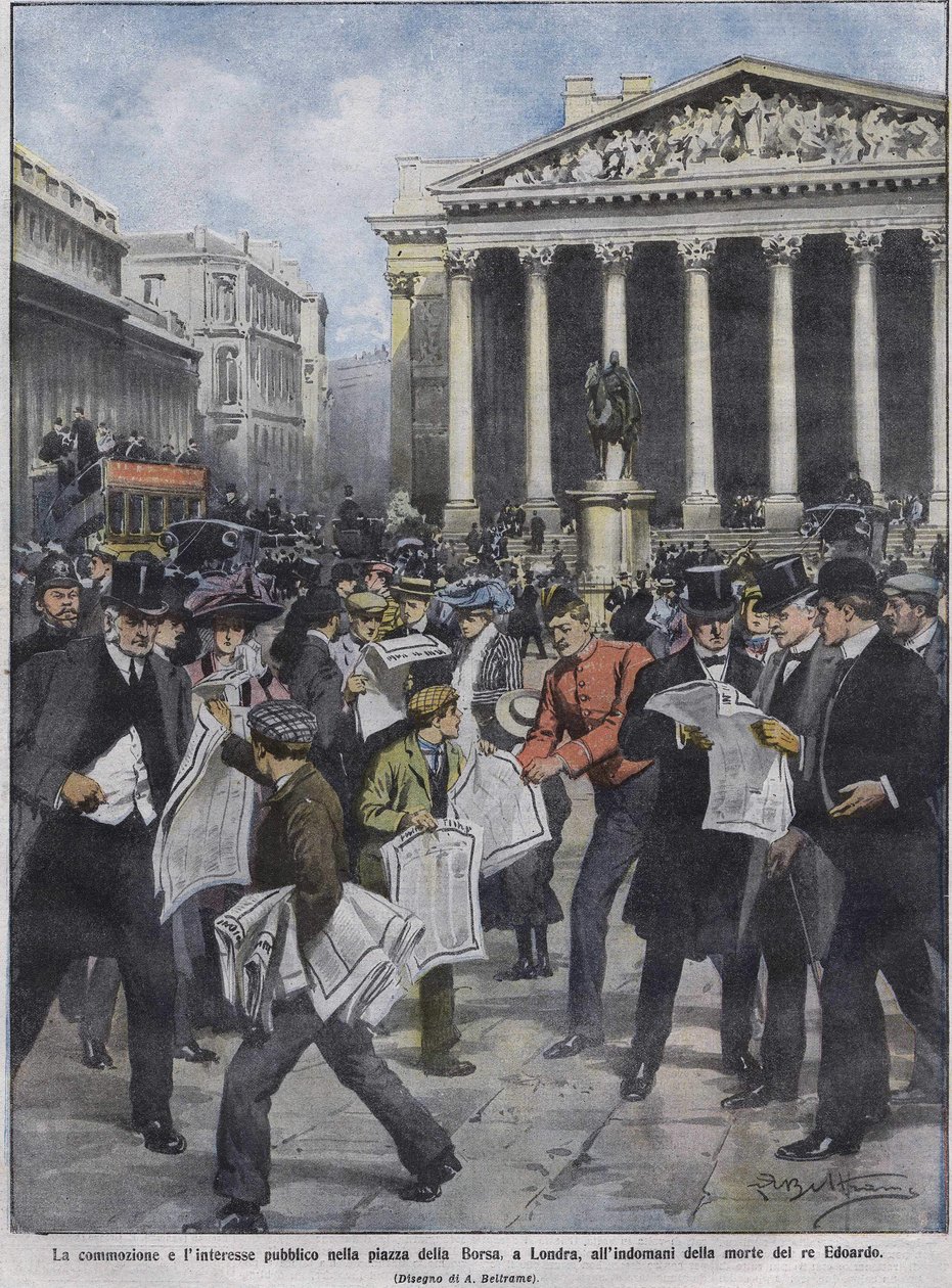 Kuningas Edward VII:n kuoleman jälkeisenä päivänä, kuningas Edward VII:n kuoleman jälkeisenä päivänä. Kuvitus Achille Beltrame. toukokuuta 1910. tekijältä Achille Beltrame