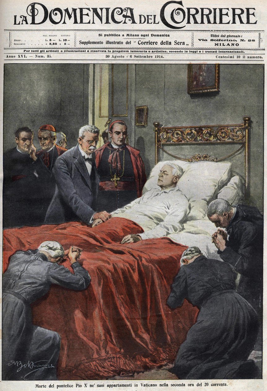 Paavi Pius X:n kuolema vuonna 1914. Domenica del Corrieren kansikuva 30. elokuuta tekijältä Achille Beltrame