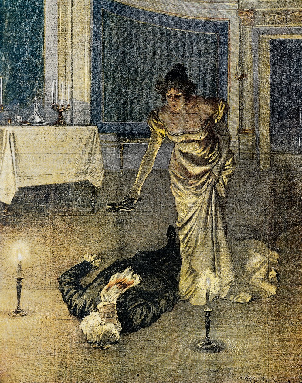 Scarpian kuolema Giacomo Puccinin Toscan II näytöksen lopussa, Achille Beltramen (1871-1945) levy, La Domenica del Corriere, 4. helmikuuta tekijältä Achille Beltrame