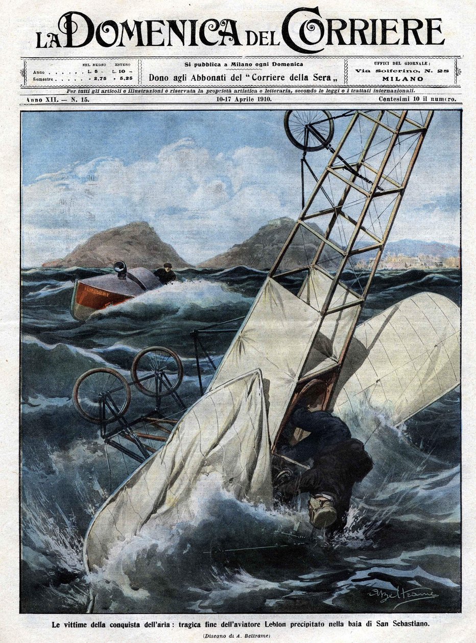 Ilman draama: lentäjä Leblonin traaginen loppu syöksyi San Sebastianin lahdelle. Kuva Beltramesta. La Domenica del Corriere. 10-17/04/1910. tekijältä Achille Beltrame