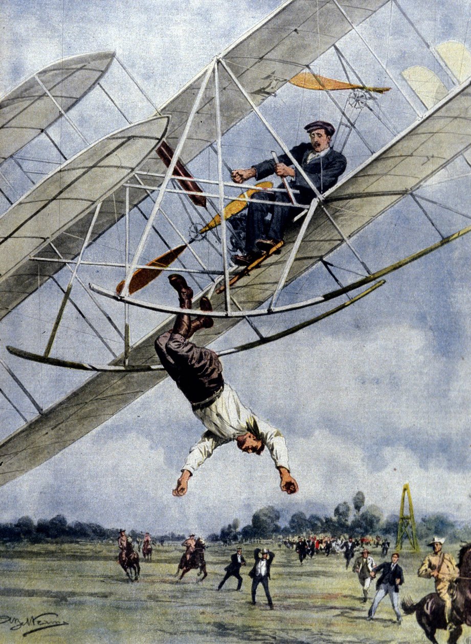 Ilman draamat: Orville Wright ja amerikkalainen luutnantti Selfridge ryntäävät koneellaan kolmenkymmenen metrin korkeudesta. Beltramen kuvitus. La Domenica del Corriere. 1908. tekijältä Achille Beltrame