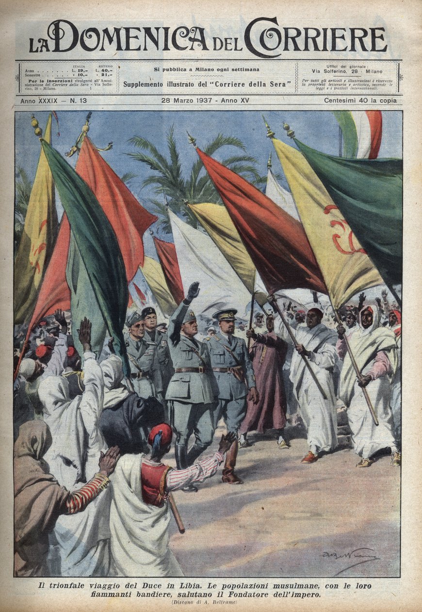 Yleisö tervehtii Libyan matkalla olevaa herttua Benito Mussolinia. Kuva Achille Beltramesta elokuvassa "" La domenica del Corriere"" 28.3.1937. tekijältä Achille Beltrame