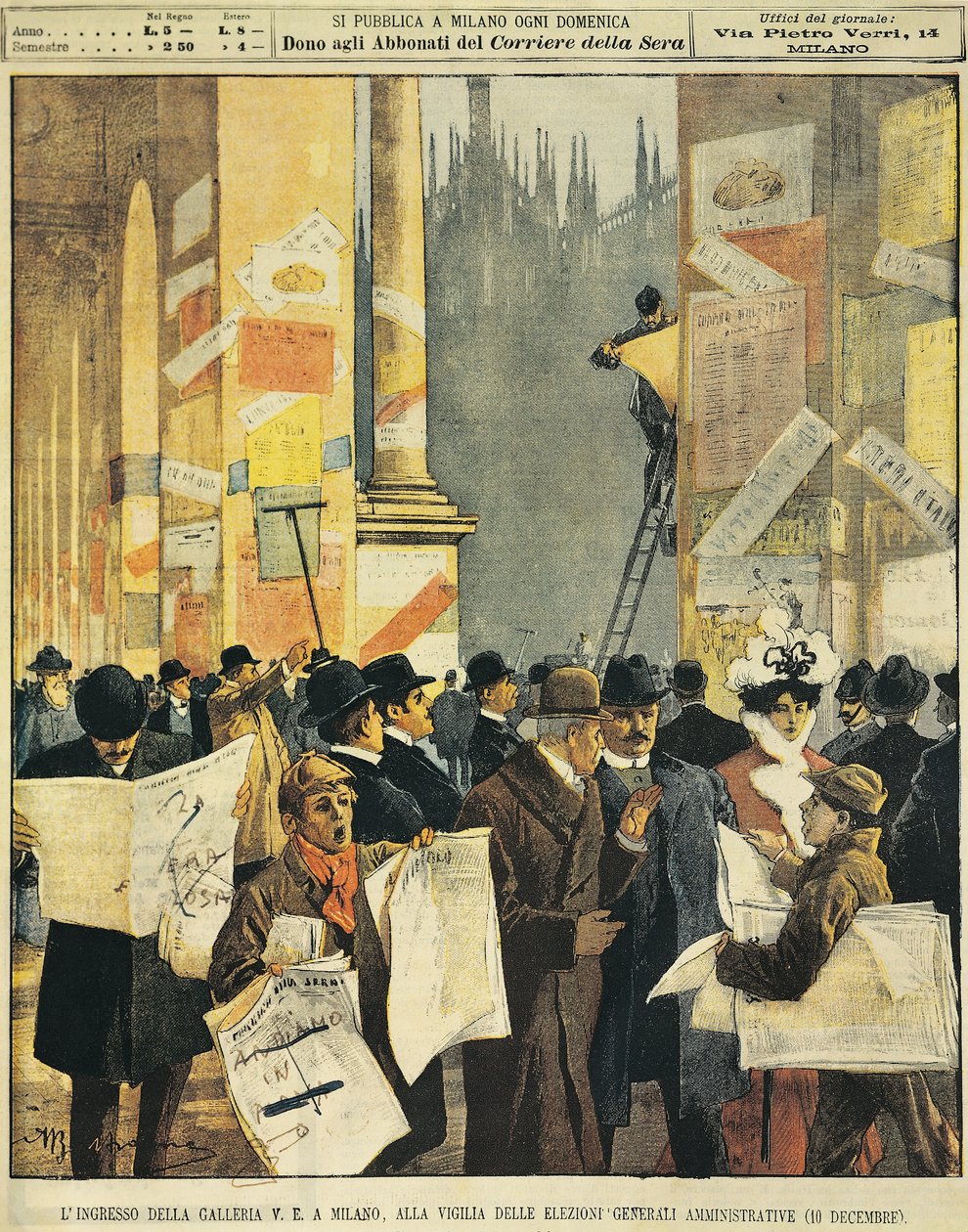 Achille Beltramen (1871-1945) sisäänkäynti Milanon Galleria Vittorio Emanueleen yleisten hallintovaalien aattona La Domenica del Corrieresta tekijältä Achille Beltrame