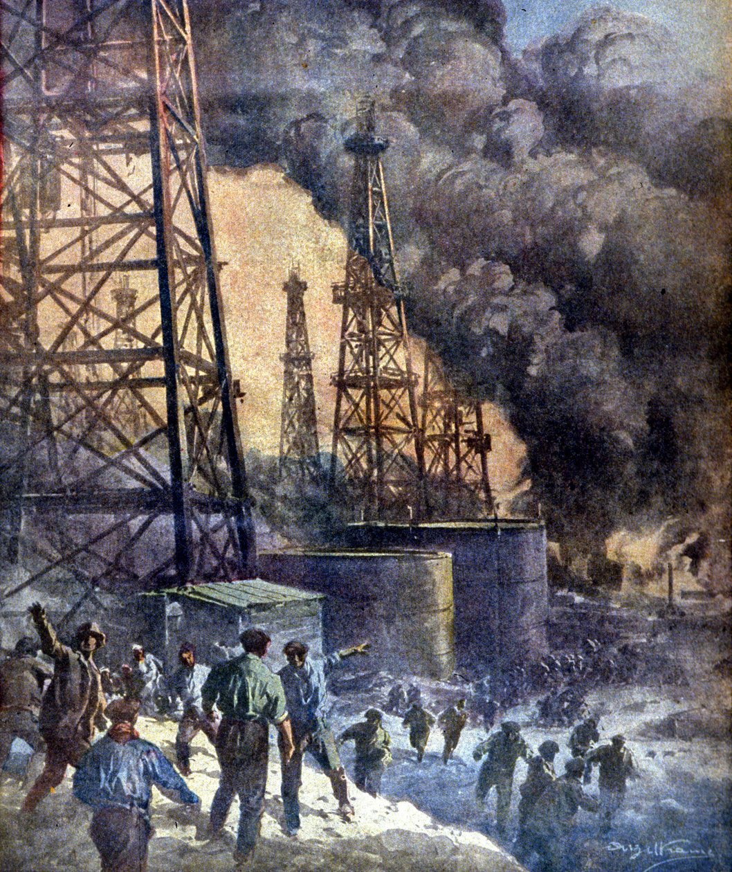 Tulen ja liekkien helvetti. Signal Hillin öljykaivo paloi Kaliforniassa. Ill. kirjoittanut W. Beltrame. "La Domenica del corriere", 28.12.1924. tekijältä Achille Beltrame