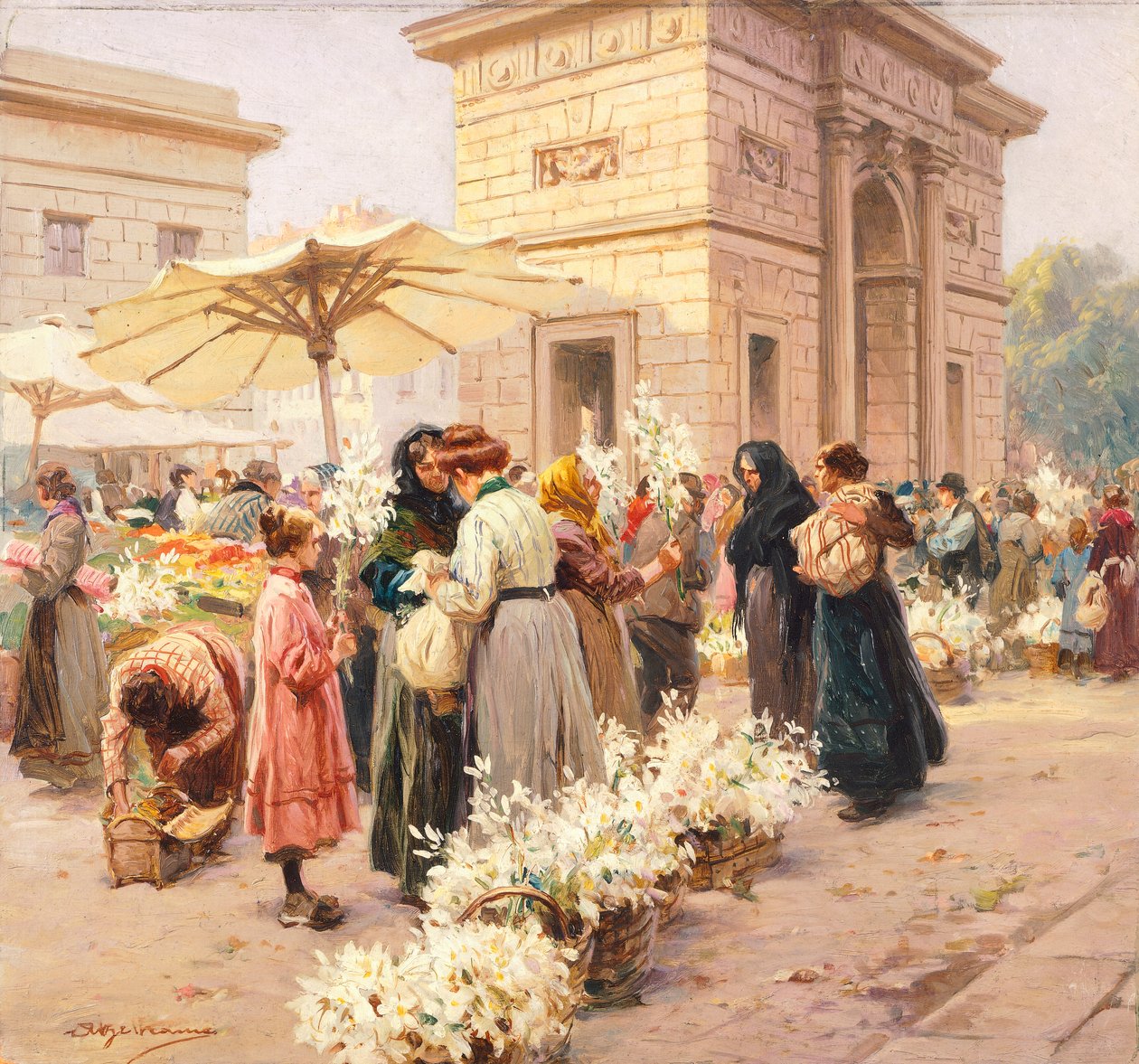 Liljatori Porta Garibaldissa Milanossa, kirjoittanut Achille Beltrame (1871-1945), La Domenica del Corriere, Italia 1900-luku tekijältä Achille Beltrame