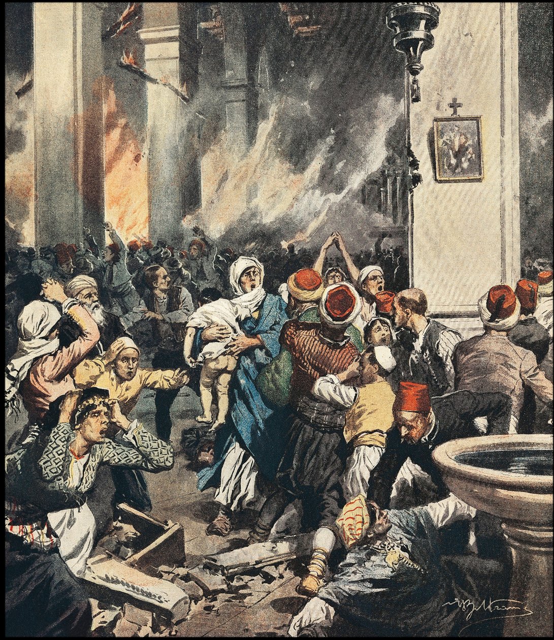 Armenialaisten joukkomurhat Turkissa Adanassa vuonna 1909, Achilles Beltramen (1871-1945) kuvitus "La Domenica del Corriere" toukokuussa 1909 tekijältä Achille Beltrame