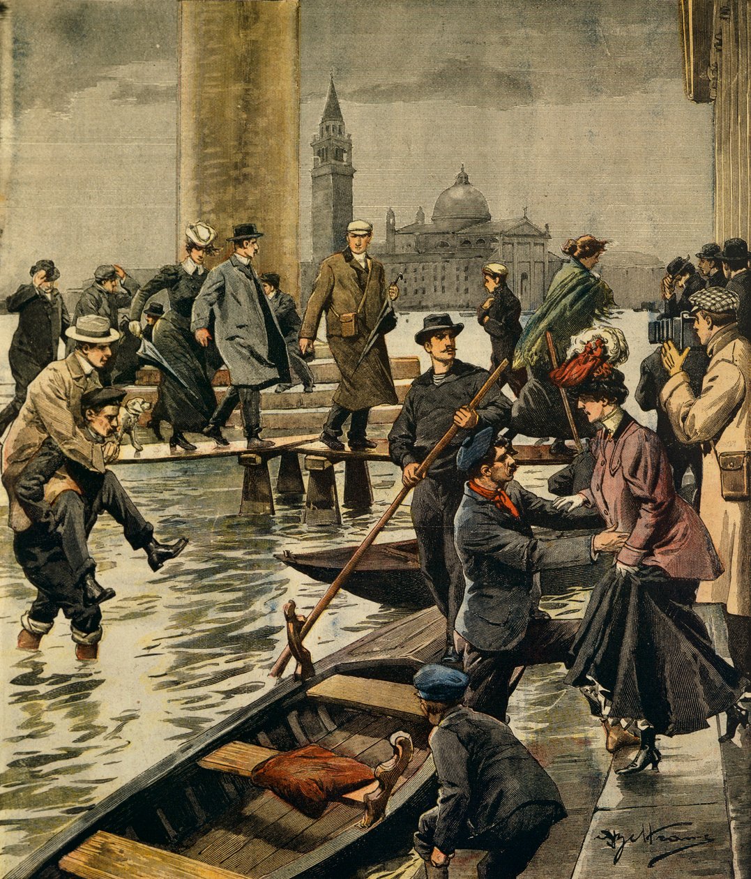 Korkean veden ilmiö Venetsian Pyhän Markuksen aukiolla, kirjoittanut Achille Beltrame (1871-1945), La Domenica del Corriere tekijältä Achille Beltrame