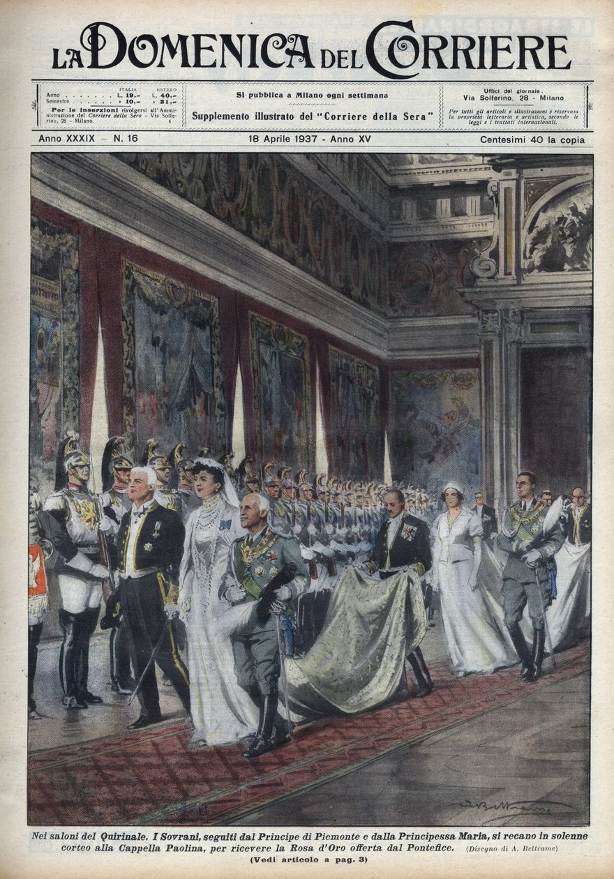 Kuninkaallista paria, Victor Emmanuel III:ta (Victor-Emmanuel) (1869-1947) ja hänen vaimoaan Montenegron Heleneä seurasivat prinssi Humbert (Umberto) II ja Mary Jose (Belgia Marie-Jose, Savoien Maria Jose). ) go Paavalin kappeliin (Paul tekijältä Achille Beltrame