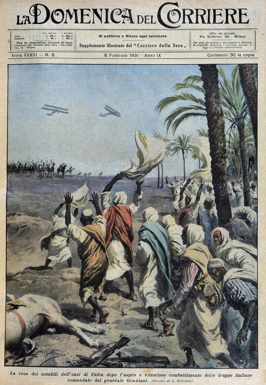 Koufran keidas (Qufra tai Cufra, Libyan Sahara) kuuluisten antautuminen kenraali Grazianidessin komentaman italialaisten joukkojen vaikean ja voitollisen taistelun jälkeen. de A. Beltrame teoksessa "" la Domenica del Corriere" 8.2.1931 tekijältä Achille Beltrame
