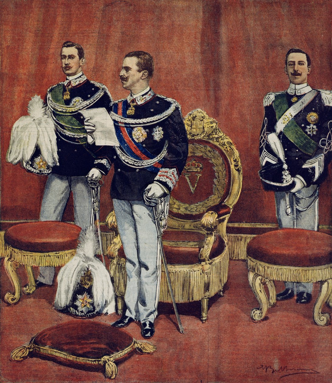 Kuningas Vittorio Emanuele III vannoi virkavalan senaatin kamarissa Roomassa, Achille Beltrame (1871-1945), La Domenica del Corriere tekijältä Achille Beltrame