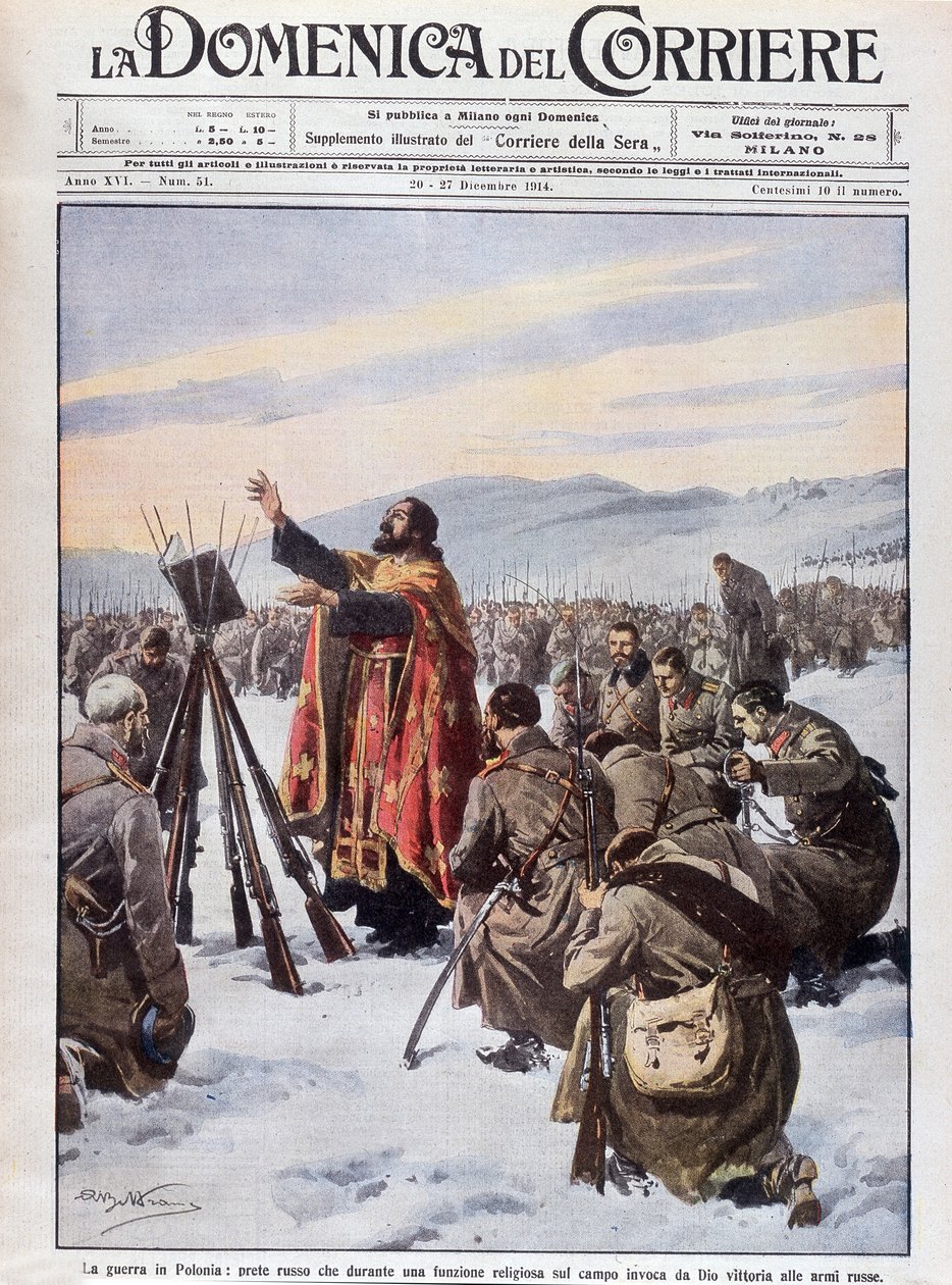 Puolan sota, venäläinen pappi, joka rukoili Jumalaa auttamaan Venäjän armeijaa messussa taistelukentällä. "La Domenica del Corrieren" etusivu 20.-27. joulukuuta 1914. tekijältä Achille Beltrame