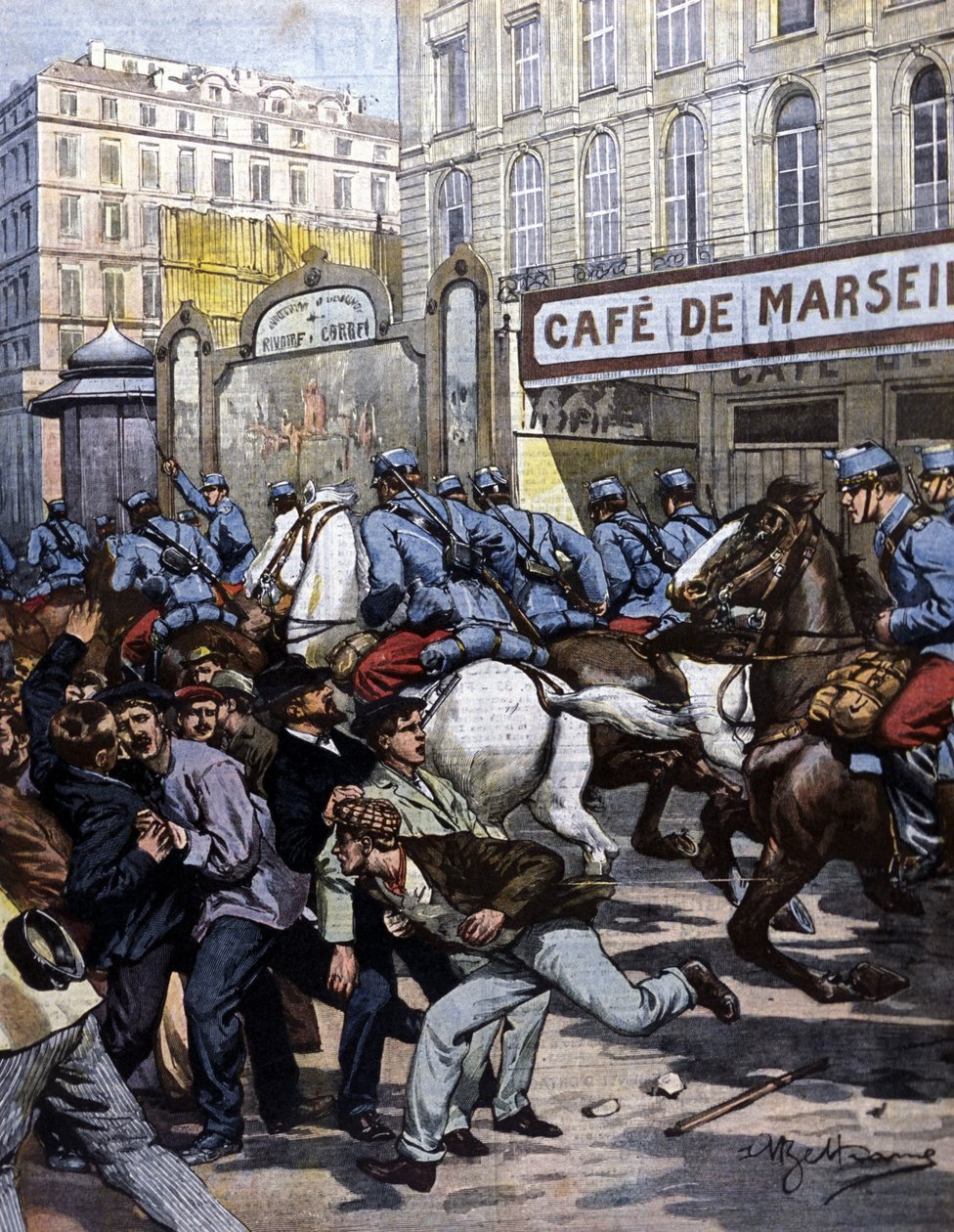 Työläisten lakot Marseillessa: husaarit, jotka vastaavat Canebièresta. Beltramen kuvitus. La Domenica del corriere. 1901. tekijältä Achille Beltrame