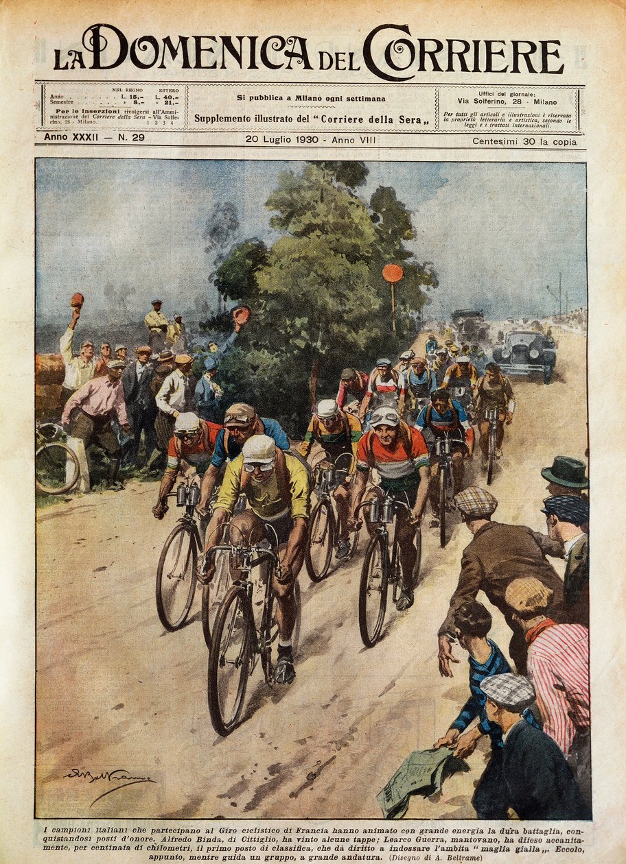 Tour de France, Learco Guerra (1902-1963) johtava paketti, kuvitus Achille Beltrame (1871-9145) La Domenica del Corrieresta, 20. heinäkuuta tekijältä Achille Beltrame