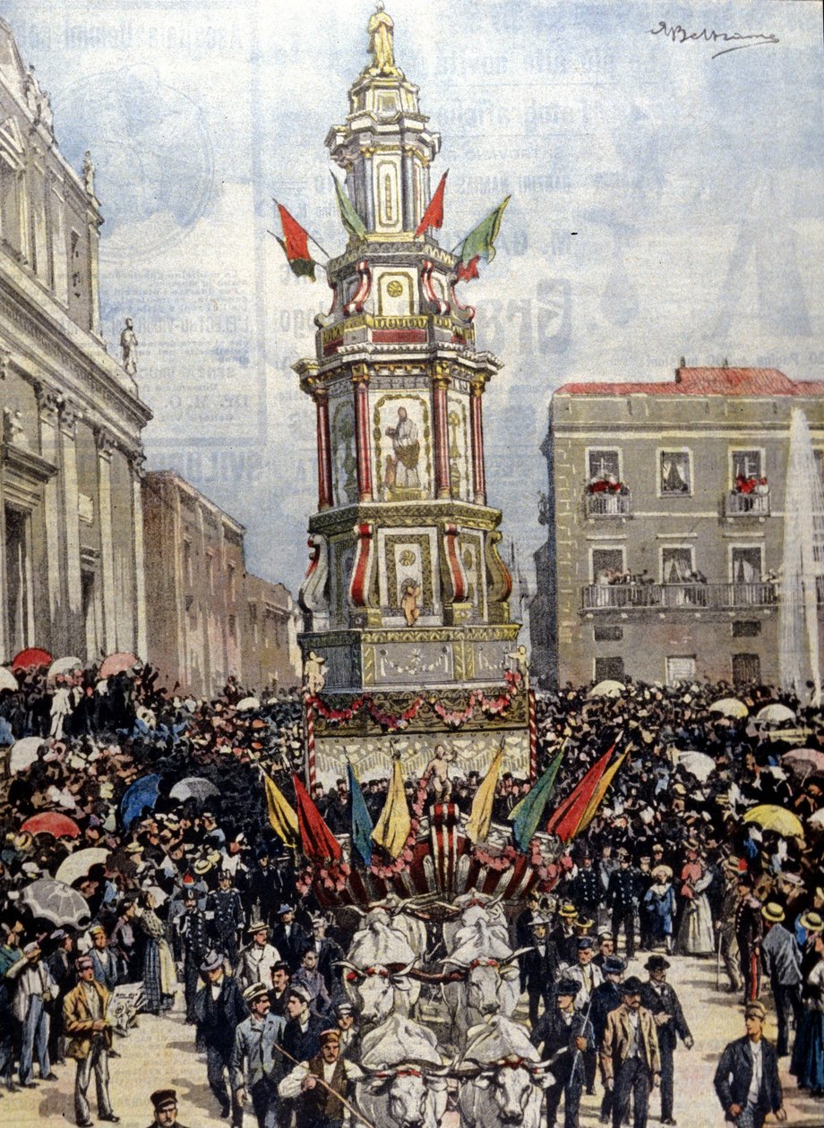 Perinteinen sisilialainen festivaali: panssarivaunu johdatti kulkue Castelterminiin (Girgenti). Ill. de Beltrame. Kuriirin sunnuntai. 1904. tekijältä Achille Beltrame