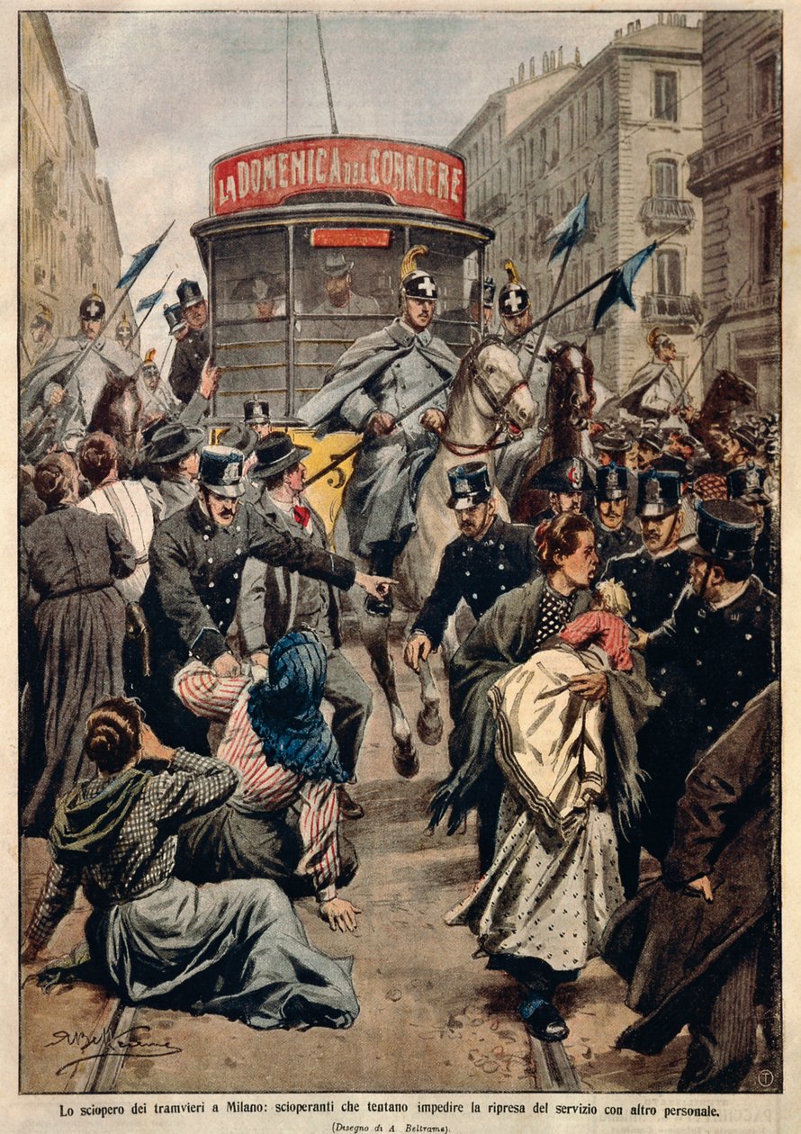 Raitiovaunulakko Milanossa, kirjoittanut Achille Beltrame, kuvitus, kuvittaja Achille Beltrame (1871-1945), La Domenica del Corrieresta tekijältä Achille Beltrame