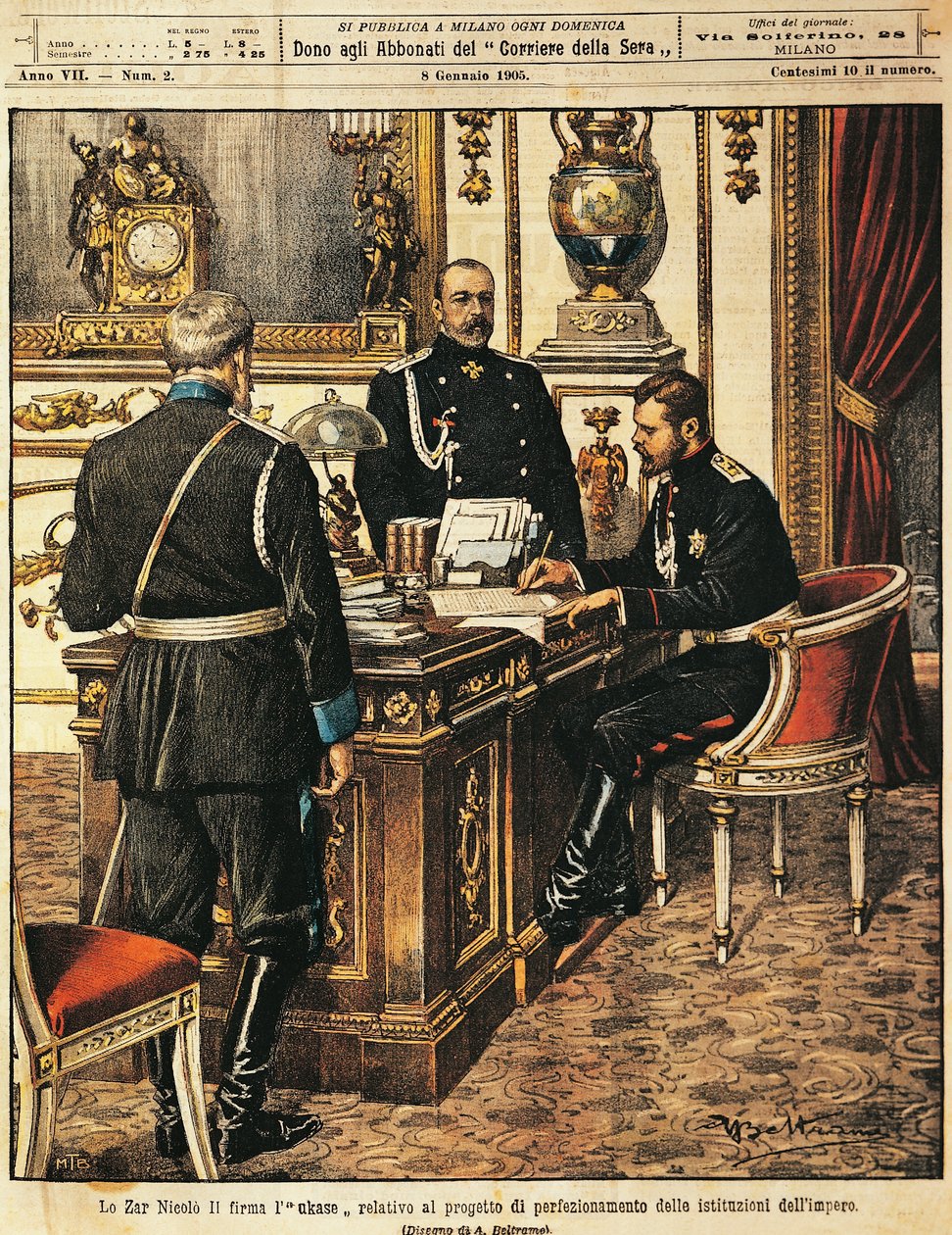 Tsaari Nikolai II allekirjoitti institutionaalisia uudistuksia koskevan projektin, kirjoittanut Achille Beltrame (1871-1945), La Domenica del Corriere, 8. tammikuuta 1905 tekijältä Achille Beltrame