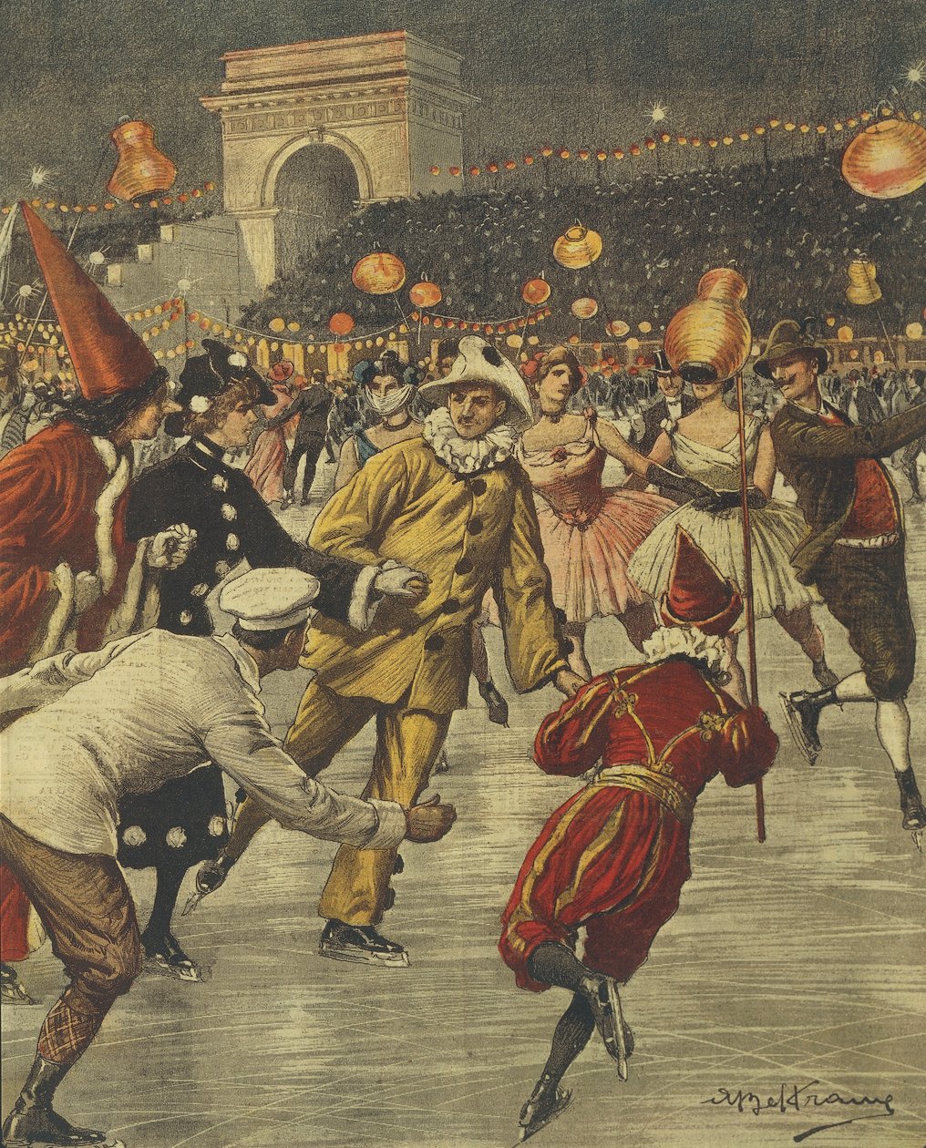 Tyypilliset pukujuhlat jäällä Arenissa Milanossa, Achille Beltrame, kuvitus, kuvittaja Achille Beltrame (1871-1945), La Domenica del Corrieresta tekijältä Achille Beltrame