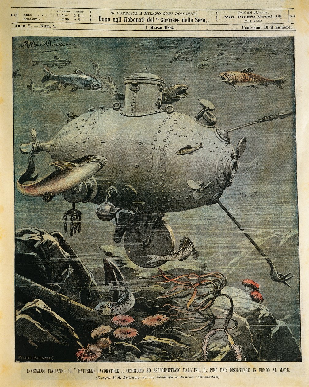Vedenalainen merialus merenpohjan tutkimiseen, kuvitus: Achille Beltrame (1871-1945), La Domenica del Corriere, 1. maaliskuuta tekijältä Achille Beltrame