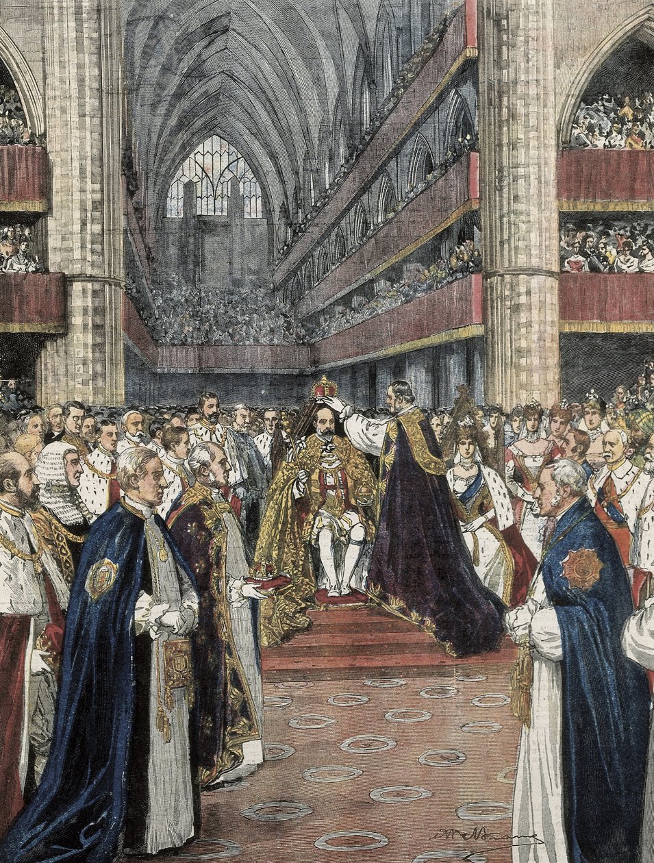 Iso-Britannia (1901). Edward VII:n kruunaus Westminster Abbeyssa. Domenica del Corrieressa julkaistu Achille Beltramen kuvitus. Kaiverrus. tekijältä Achille Beltrame