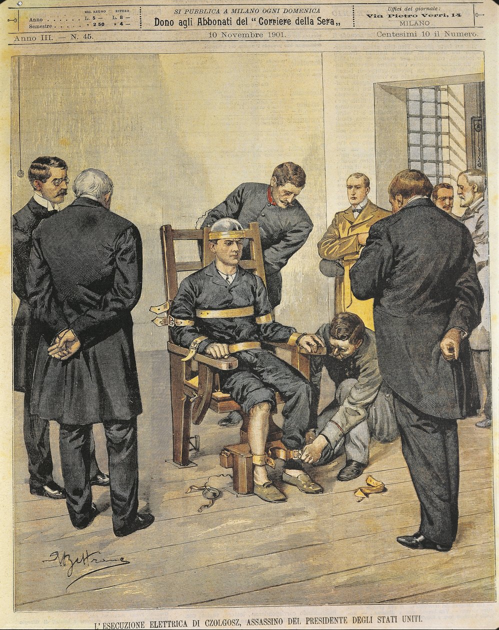 Amerikan Yhdysvallat, 1900-luku, Yhdysvaltain presidentin McKinleyn murhaajan Czolgoszin sähkötuoliteloitus, 29. lokakuuta 1901 (taidetta lehden kannesta) tekijältä Achille Beltrame