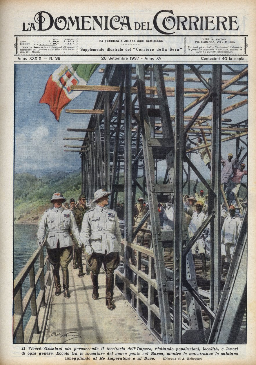 Etiopian varakuningas Rodolfo Graziani ylitti Abessinian alueen. Achille Beltramen kuvitus teoksesta "La domenica del corriere" 26.9.1937. tekijältä Achille Beltrame