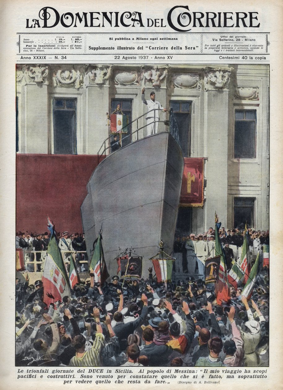 Herttua Benito Mussolinin vierailu Messinassa Sisilian matkan aikana. Achille Beltramen kuvitus teoksesta "La domenica del corriere" 22.8.1937. tekijältä Achille Beltrame