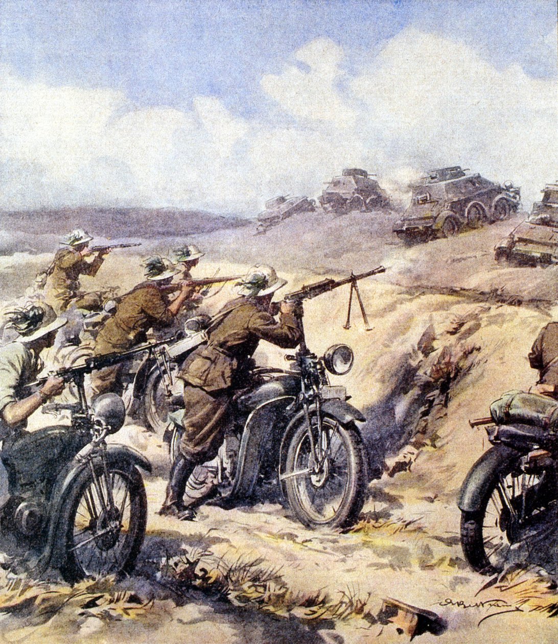 WWII-1940 1941 - Kampanja Pohjois-Afrikassa - "Bersaglerierin ja brittiläisten panssarielementtien välinen yhteenotto Cyrenaicassa" La Domenica del Corriere delistä 28. heinäkuuta 1940, kuvitus A tekijältä Achille Beltrame
