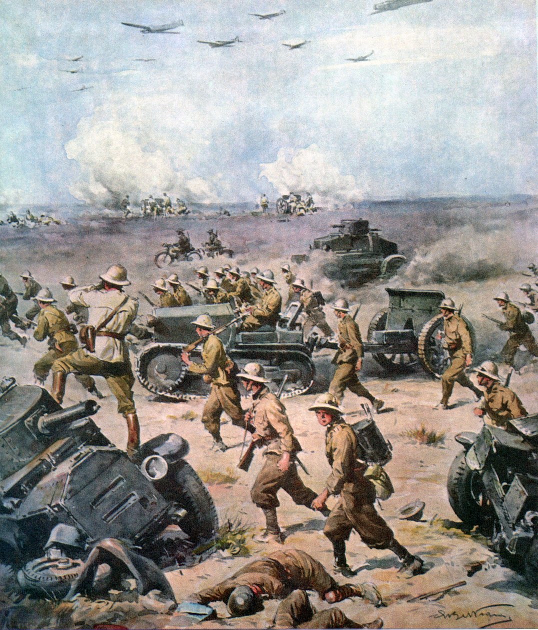 WWII-1940 Pohjois-Afrikan kampanja - Italian hyökkäys Aegyptiin, La Domenica del Corriere 22. syyskuuta 1940 tekijältä Achille Beltrame
