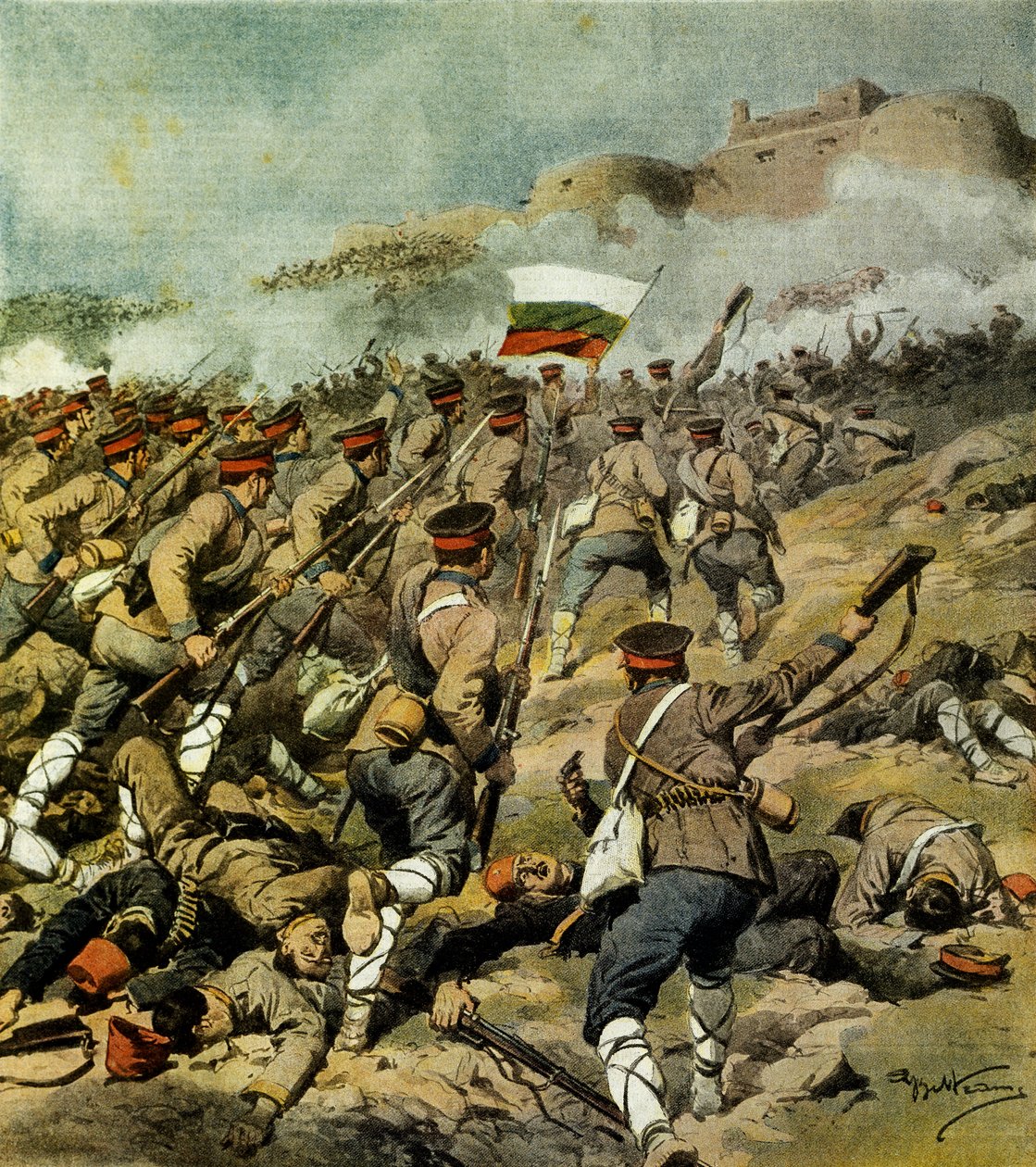 Viiden kansakunnan sota, Bulgarian armeija etenee kohti Adrianopolia ja vangitsee Kirk Kilissen ja vaikuttavan sotilassaaliin, kirjoittanut Achille Beltrame (1871-1945), kuvitus La Domenica del Corrieresta, 3.11.1912 tekijältä Achille Beltrame