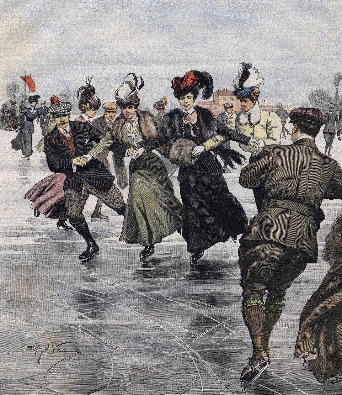 Talven hauskaa. Luistelijat. Achille Beltramen kuvitus vuonna 1907. tekijältä Achille Beltrame