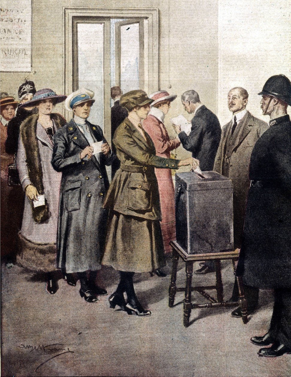 Naiset äänestivät ensimmäistä kertaa Englannissa. 1919. Kuva A. Beltramesta. La Domenica del Corriere. tekijältä Achille Beltrame