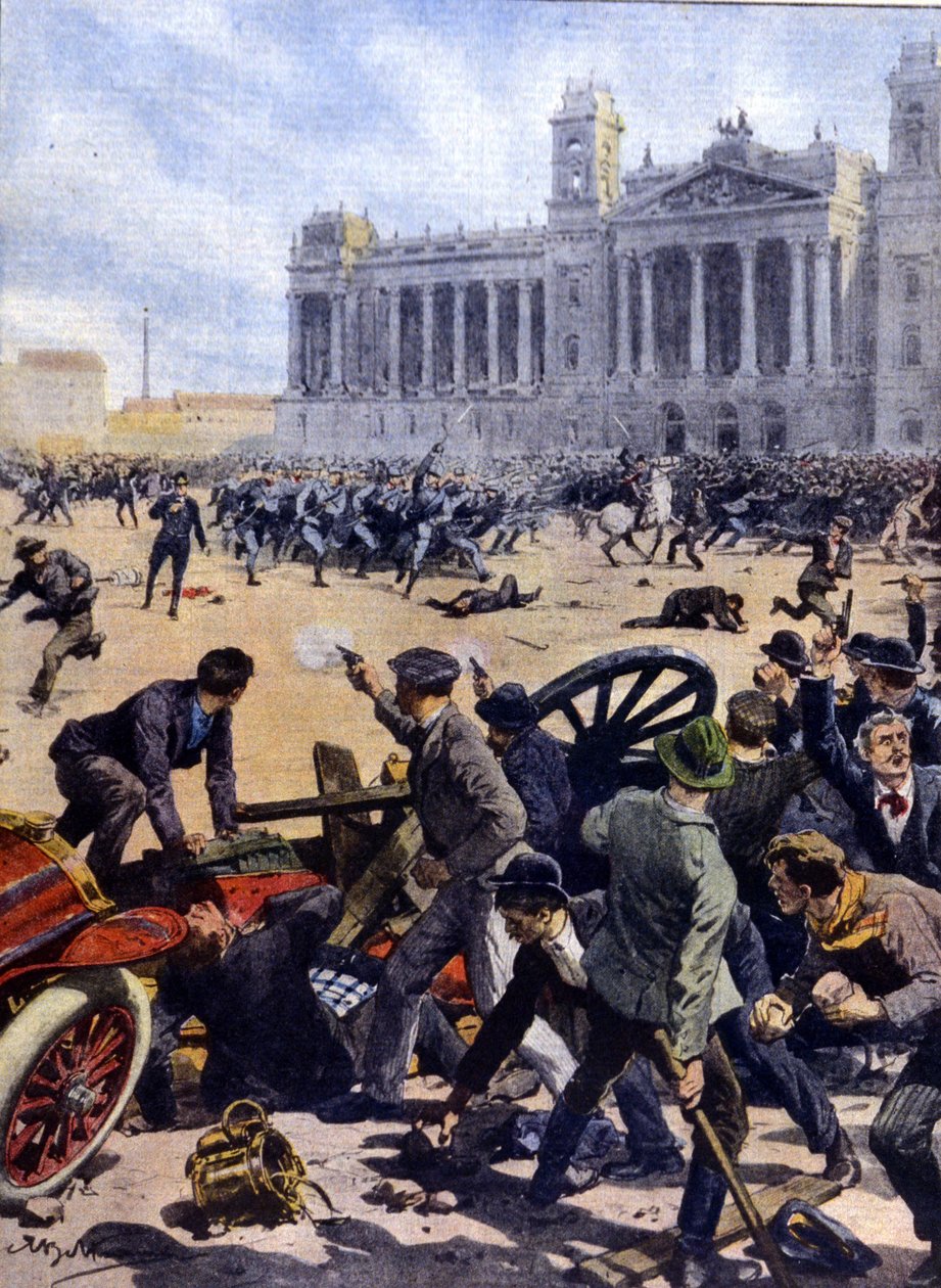 Työläisten kapina Budapestissa vuonna 1912 yleisen äänioikeuden puolesta. tekijältä Achille Beltrame