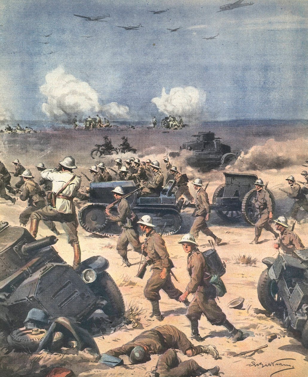 Toinen maailmansota. Libya (Pohjois-Afrikan kampanja). Italialaiset joukot Cyrenaicassa etenevät Egyptiin. Kuvitus Antonio Beltrame. “La Domenica del Corriere”. 22. syyskuuta tekijältä Achille Beltrame