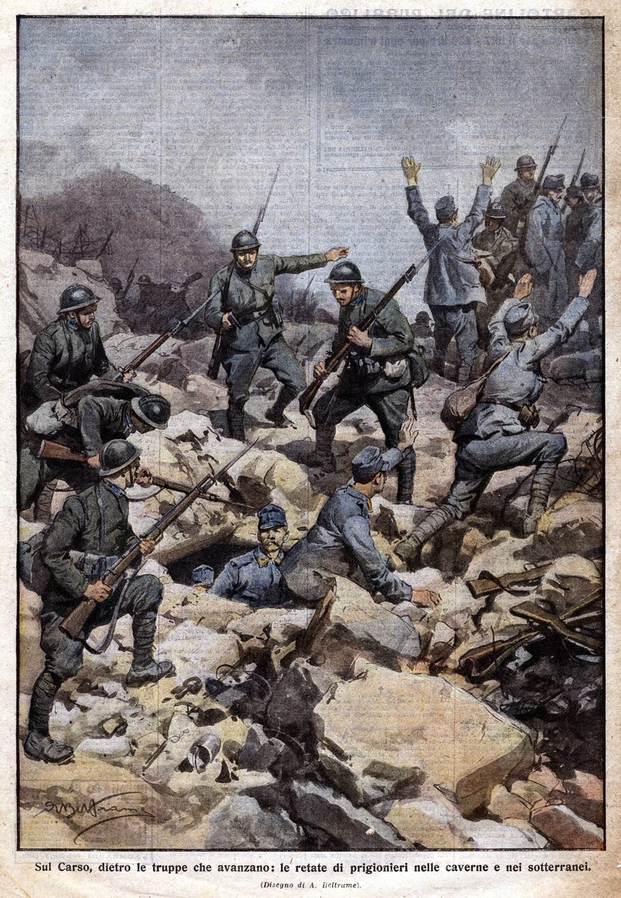 Ensimmäinen maailmansota: Italian rintama Carson tasangolla (Trentino) ja vangit maanalaisessa. "Domenica del Corriere". 07/1917 (litografia) tekijältä Achille Beltrame
