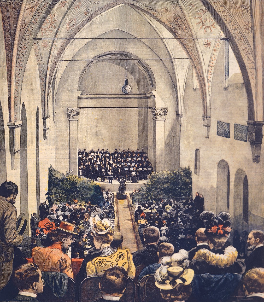 Perosi Music Hallin seremonia Milanossa, kirjoittanut Achille Beltrame (1871-1945), kansikuva La Domenica del Corrieresta, 6. toukokuuta 1900. tekijältä Achille Beltrame