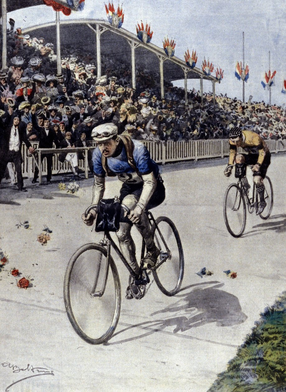 pyöräilijä Peer Breton Tour de Francen voittaja vuonna 1908. Achille Beltramen kuvitus. tekijältä Achille Beltrame