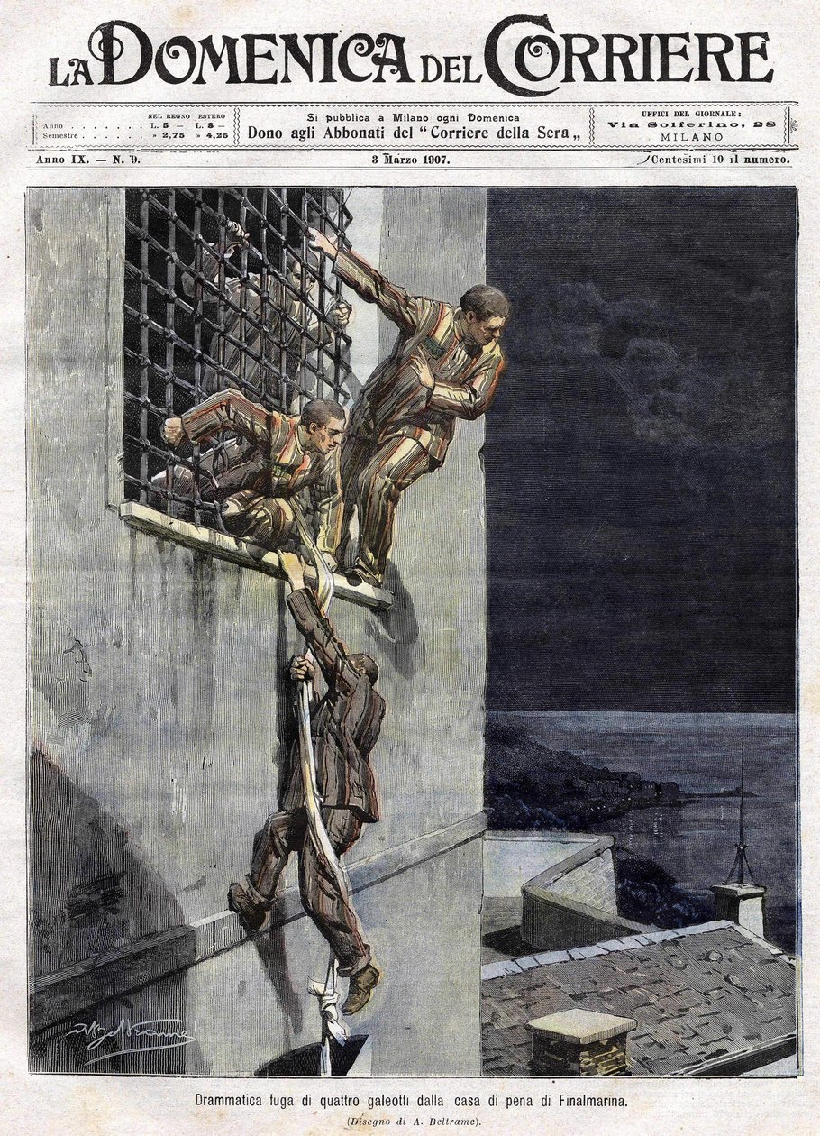 kolmen vangin pakeneminen Finalmarinan vankilasta Italiassa vuonna 1907. Kuva Achille Beltramesta Domenica del Corriereen 3. maaliskuuta tekijältä Achille Beltrame
