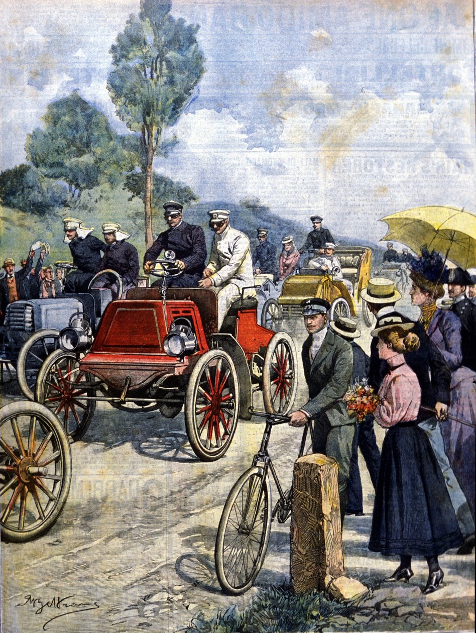 ensimmäinen kierros Italiassa autolla vuonna 1901 Achilles Beltramen kuvitus tekijältä Achille Beltrame