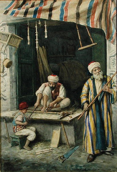 Arabipuusepät, n. 1875 (akvarelli paperille) tekijältä Achille Buzzi