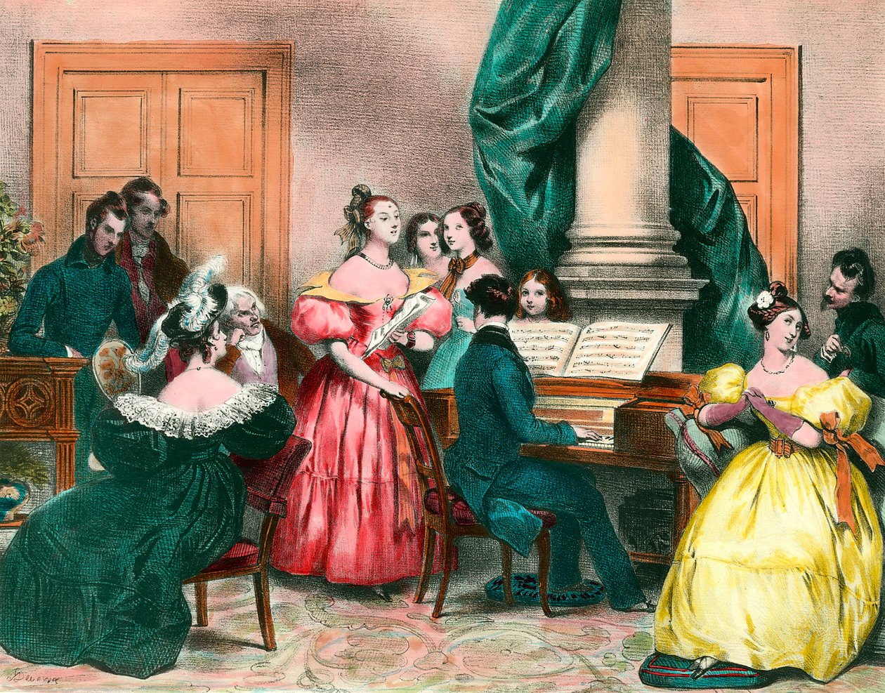 Musiikki-iltapäivä perheessä Achille Deveria (1800-1857) Kaiverrus 1800-luvulta. Yksityinen kokoelma tekijältä Achille Devéria